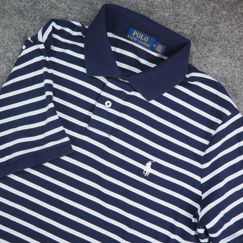 Polo Ralph Lauren Polo Shirt Mens Med Navy Blue White Striped Preppy Nautical